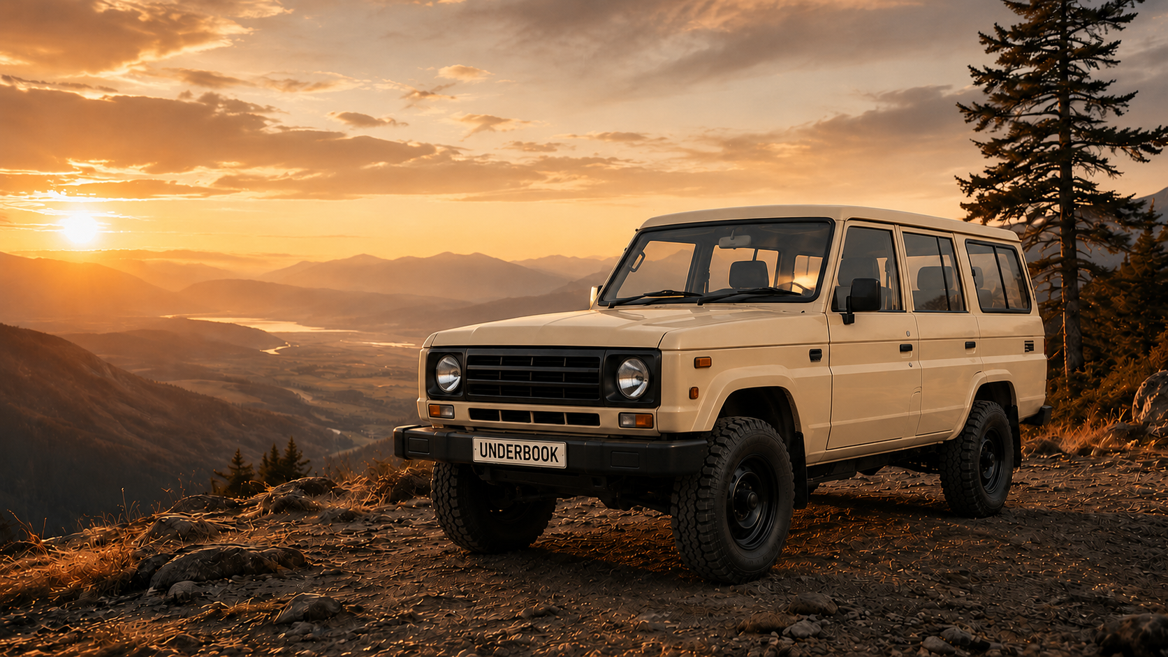 A cream four-wheel-drive wagon parked on a gravel ridge above a British Columbia valley at sunset, with a river, forested hills and mountains behind it.